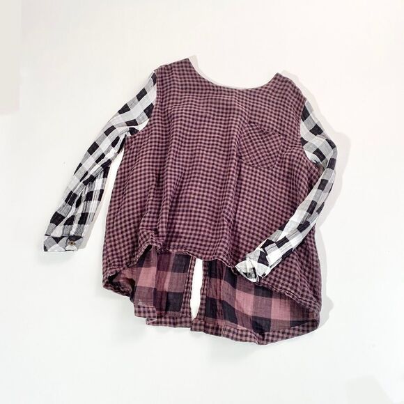 OSO casuals plaid block button back top - Picture 1 of 12